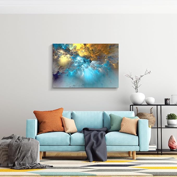 Golden Canvas Wall Art Blue Modern Abstract Painting Prints Colorful Smoke Billowing on White Background Framed Energetic Artwork Pictures for Living Room Bedroom Hallway Wall Decoration 48x32in
