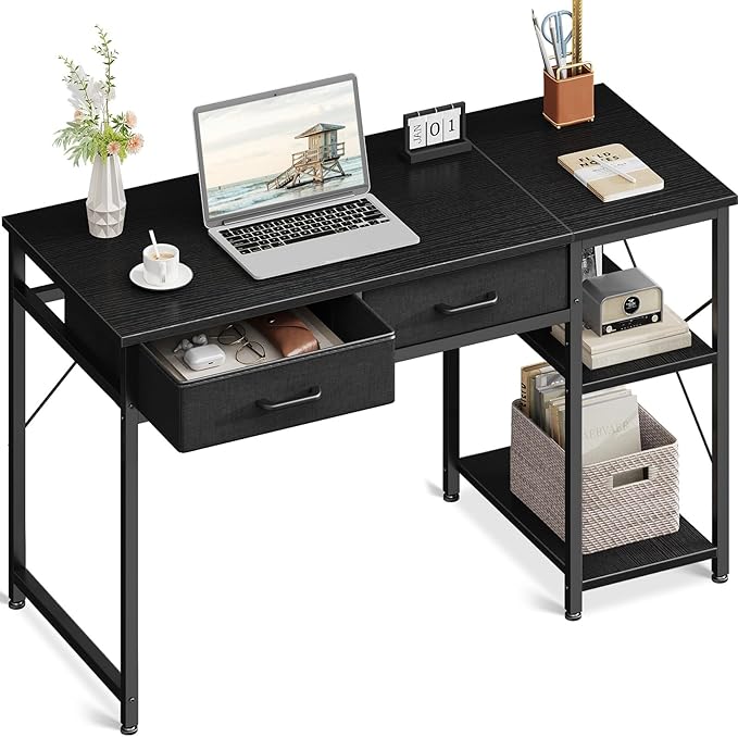 Coleshome Small Computer Desk with Drawers, 40 Inch Reversible Home Office Desk with Storage Shelves, Study Laptop Desk for Bedroom Small Space, Black