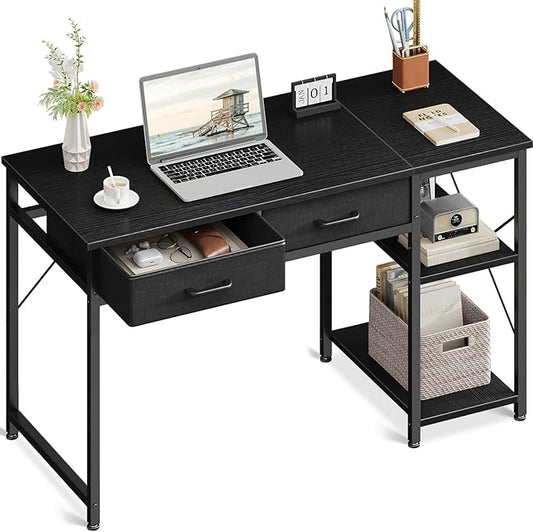 Coleshome Small Computer Desk with Drawers, 40 Inch Reversible Home Office Desk with Storage Shelves, Study Laptop Desk for Bedroom Small Space, Black