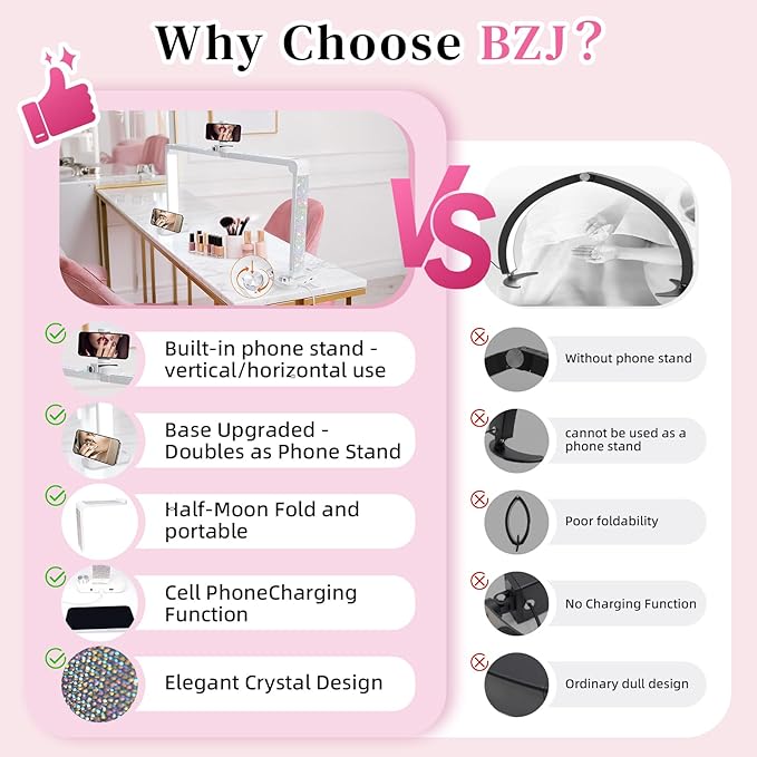 BZJ 34-Inch Nail Light for Desk Foldable Half Moon Nail Art Table Lamp with Stepless Dimming Brightness and Color Temperature for Manicurists Beauty Eyelash Extensions Tattoo Crafts