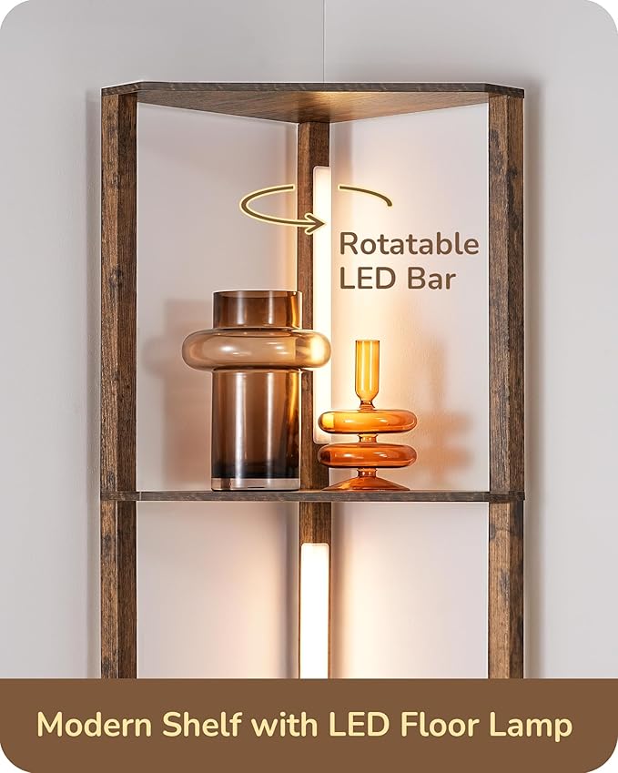 EDISHINE 64" LED Floor Lamp, Modern Floor Lamp with Shelves, Tall Standing Lamp with 3 Color Temperature, Stepless Dimmable Corner Floor Lamps for Living Room, Bedroom, Office, Burlywood