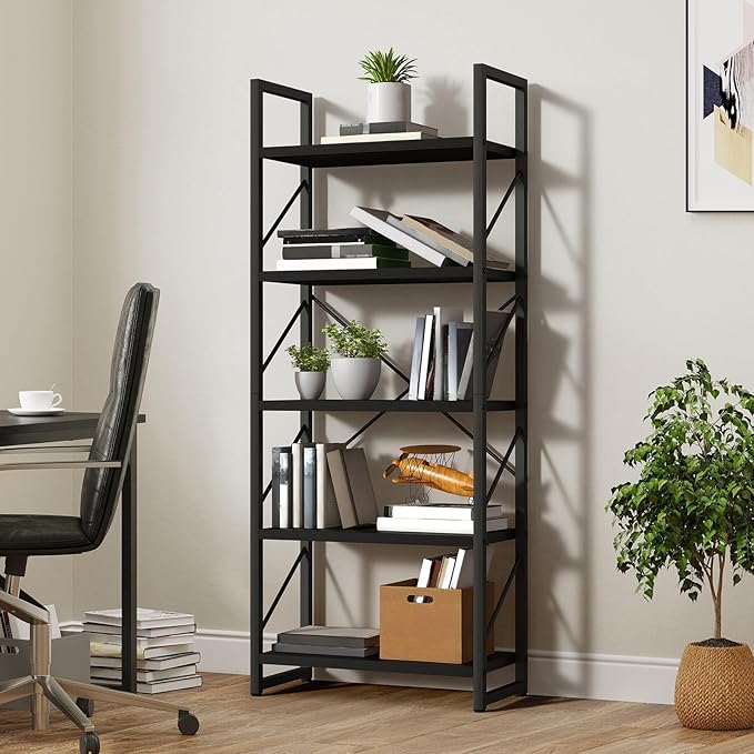 YITAHOME 5 Tiers Bookshelf, Artsy Modern Bookcase, Book Rack, Storage Rack Shelves Books Holder Organizer for Books/Movies in Living Room/Home/Office - Black