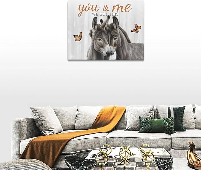 yerretin Farmhouse Donkey Wall Art Country Love Pictures Wall Decor Rustic Animal Canvas Painting Home Decoration Artwork for Bathroom Bedroom Living Room Office Framed 16"x12"