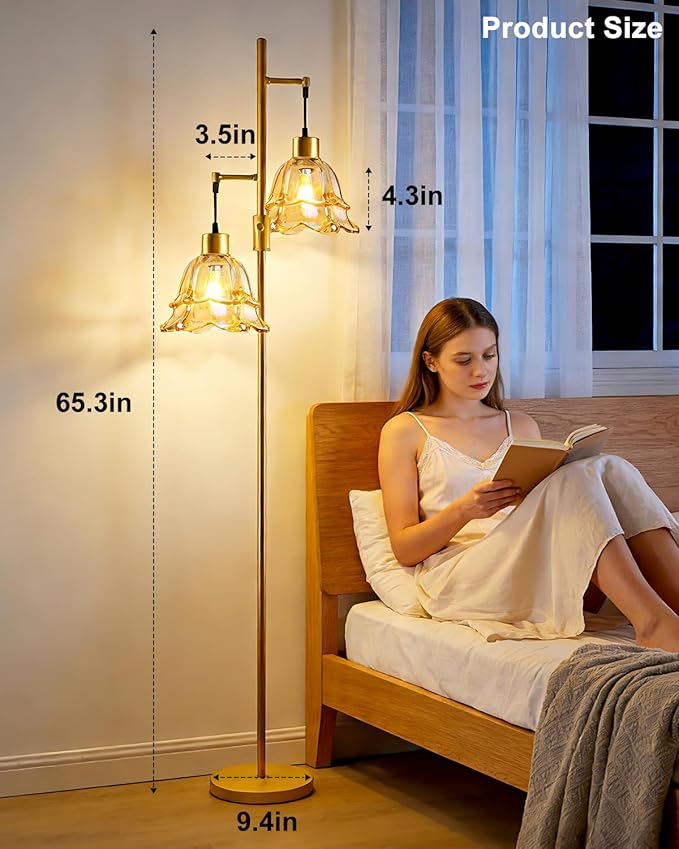Lightdot 65IN Gold Flower Floor Lamp for Living Room, 2-Light Dimmable with Amber Glass Lampshade, 3000K Warm White Modern Standing Tall Lamp for Bedroom Sofa Beside Corner Decor