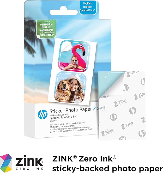 HP Sprocket 2x3” Premium Zink Pre-Cut Sticker Photo Paper, 30 Sheets, Compatible with HP Sprocket Photo Printers