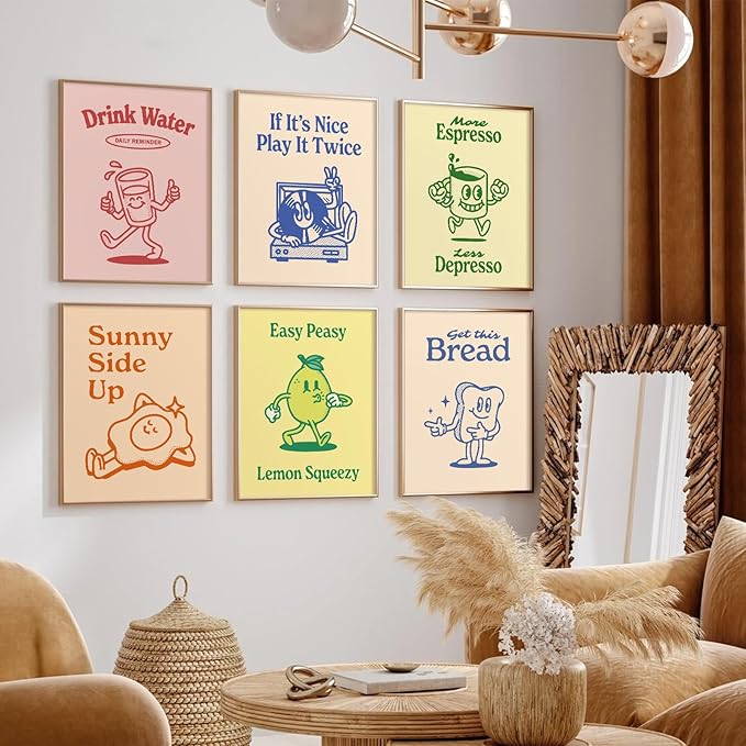 Retro Trendy Wall Art Decor Kitchen Aesthetic Canvas Wall Art Vintage Cute Pictures Funny Green Posters Retro Pink Prints Vintage Gallery Painting Funky Artwork for Room 8x10 Inch Unframed Set of 6