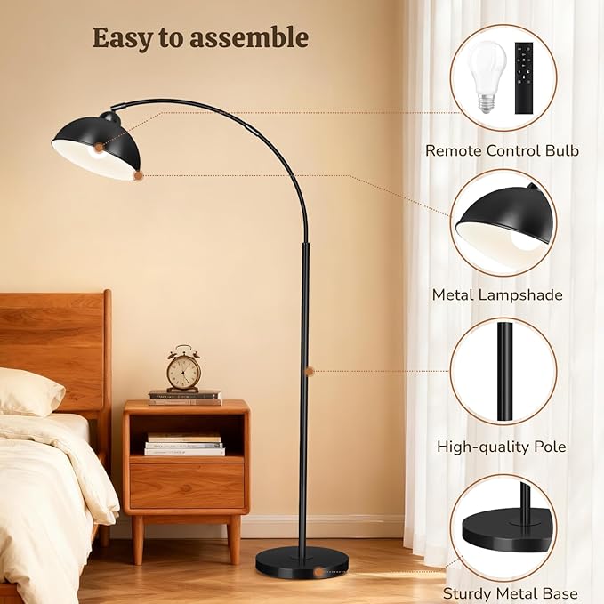 Arc Floor Lamps for Living Room, 72" Modern Tall Lamp with Remote Control and Stepless Dimmable 9W LED Bulb, Over Couch Arched Reading Lamp for Bedroom, Office(Black)