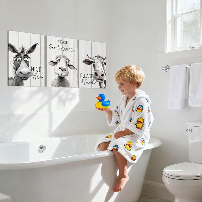 3 Pieces Funny Bathroom Art Funny Wall Art Modern Farmhouse Quote Bathroom Pictures Wall Decor Featuring Horse Sheep Cow Artwork Animal Pictures, with Wooden Frame Easy to Hang (16x24 Inch x3)