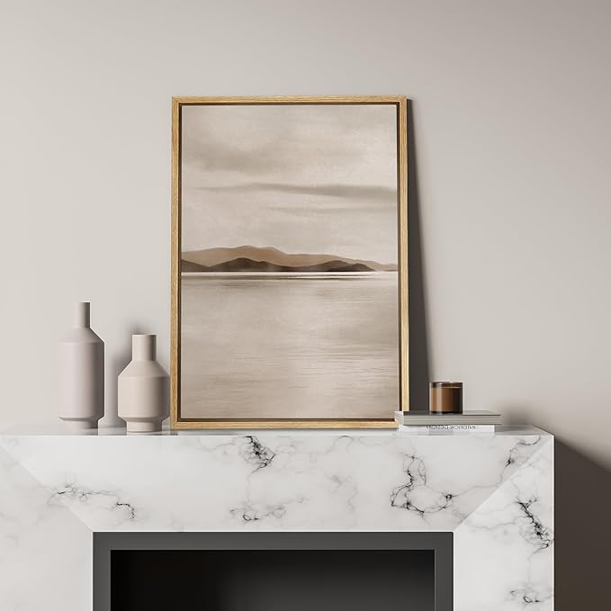 SIGNFORD Framed Canvas Print Wall Art Distant Mountains and Still Water Illustration Minimalism Decorative Colorful Mid-Century for Living Room, Bedroom, Office - 16"x24" NATURAL