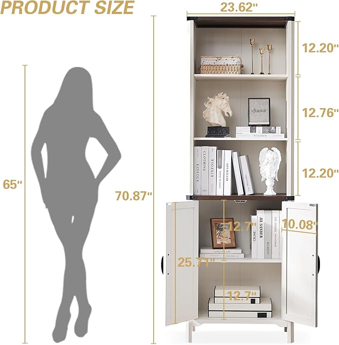 71" Tall Bookshelf, 5 Tier Bookcase with Adjustable Shelves and Barn Doors, White Farmhouse Bookshelf with Storage Cabinet, Wood Freestanding Display Bookshelves for Bedroom, Living Room