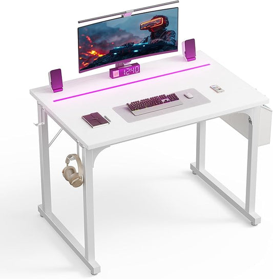 32 Inch White Computer Desk with LED Lights for Small Spaces, Office Desk for Home Office, Gaming Study Desk Writing Table with Storage Bag,Desk with Frame Headphone Hook