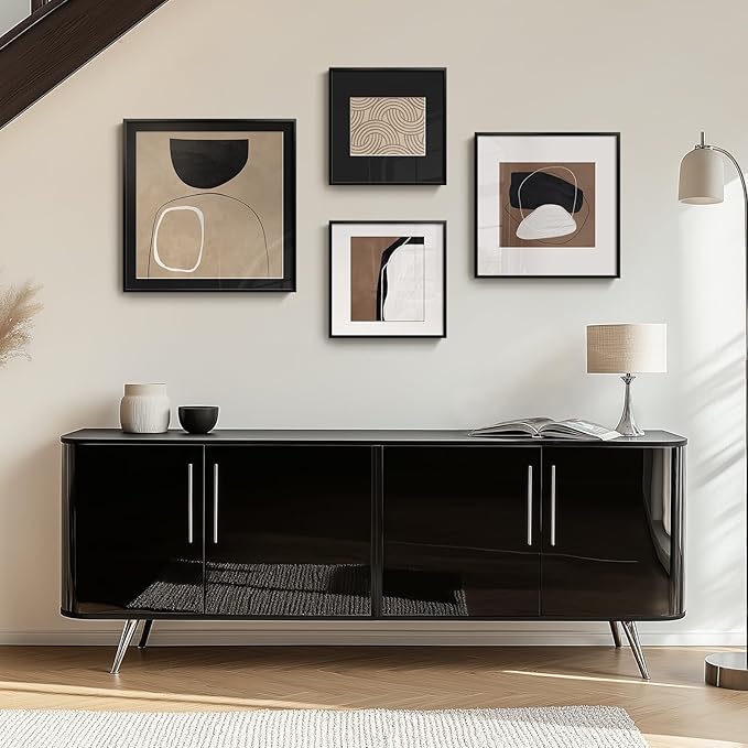 Framed Abstract Wall Art Set of 4, Large Modern Minimalist Canvas Decor Prints, Black and Brown Geometric Boho Neutral Pictures Paintings for Living Room, Bedroom, Dining, Office and Hallway