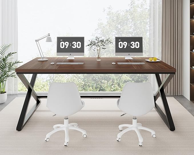 IBF Large Computer Desk, 70.8” Long Home Office Desk for Writing, Modern Simple Executive Work Desk for Study, Wood Metal Double PC Gaming Workstation Computer Table for Bedroom, Walnut, 70 inch