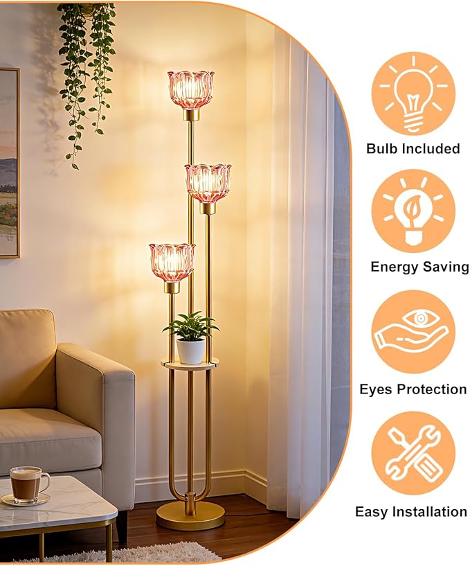 Lightdot Glass Floor Lamp for Living Room 3-Lights Modern Dimmable Gold Floor Lamp with Rose Red Glass Shade & 3000K Bulbs Included Unique Tall Standing Lamp for Bedroom/Sofa Beside/Corner Decor