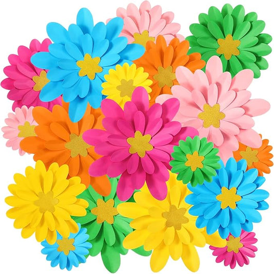18 Pcs Paper Flowers Decor for Wall DIY Flower Bulletin Board 3D Spring Fiesta Mexican Paper Floral Decoration for Photo Backdrop Classroom Back to School Party(Rounded Star,Rainbow)