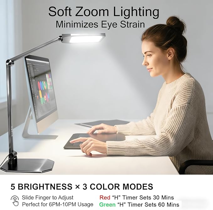 NS Pro LED Desk Lamp with Remote, Eye-Caring CRI95+ Dimmable Light, 3000K–6000K Adjustable Color Temperature, Flexible Clamp or Base Mount, Memory Function Desk Lamp for Office, Study & Zoom Meetings