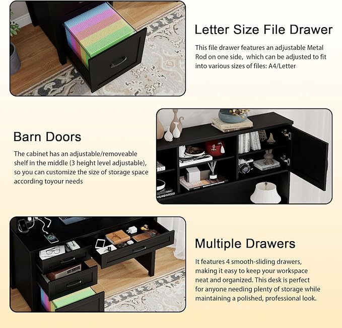 Vabches Farmhouse 67" H Executive Desk with Hutch,Office Desk with 4 Drawers and LED Light, Wood Workstation for Home Office and Study, Computer Desk with File Drawers, Charging Station.Pure Black
