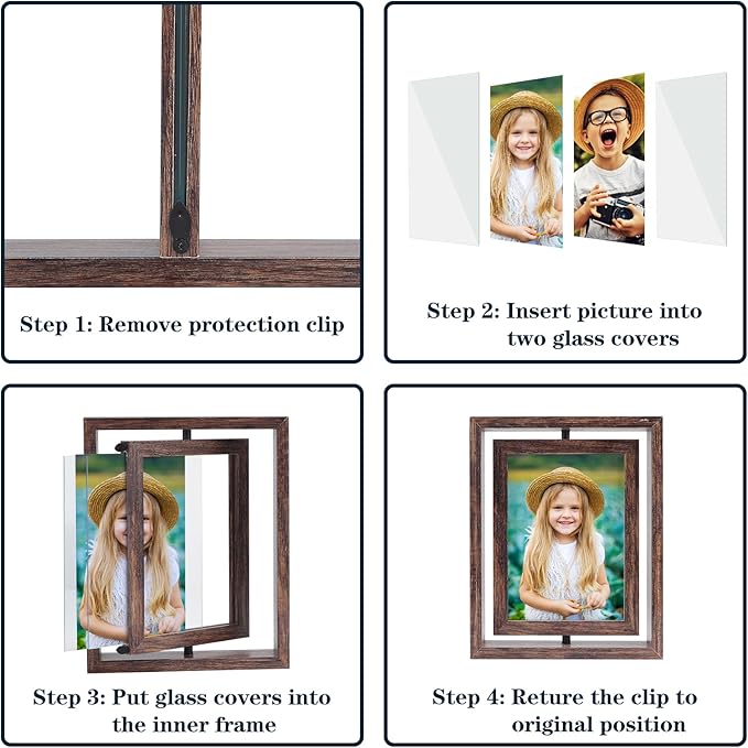 EXYGLO 2 Pack 5x7 Picture Frames Rotating Floating Photo Frame Wooden 2 Sided Frames for Vertical or Horizontal Tabletop Display