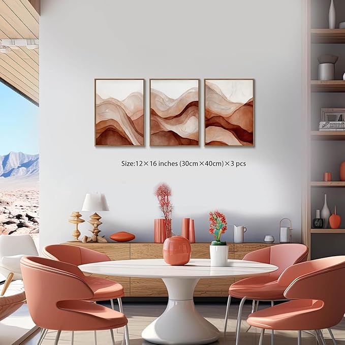 myusuar 3 Piece Large Abstract Framed Wall Art For Living Room, Smoke Texture Ink Warm Brown Terracotta Canvas Wall Art Modern Minimalist Art Prints Wall Décor For Bedroom Office 12x16in