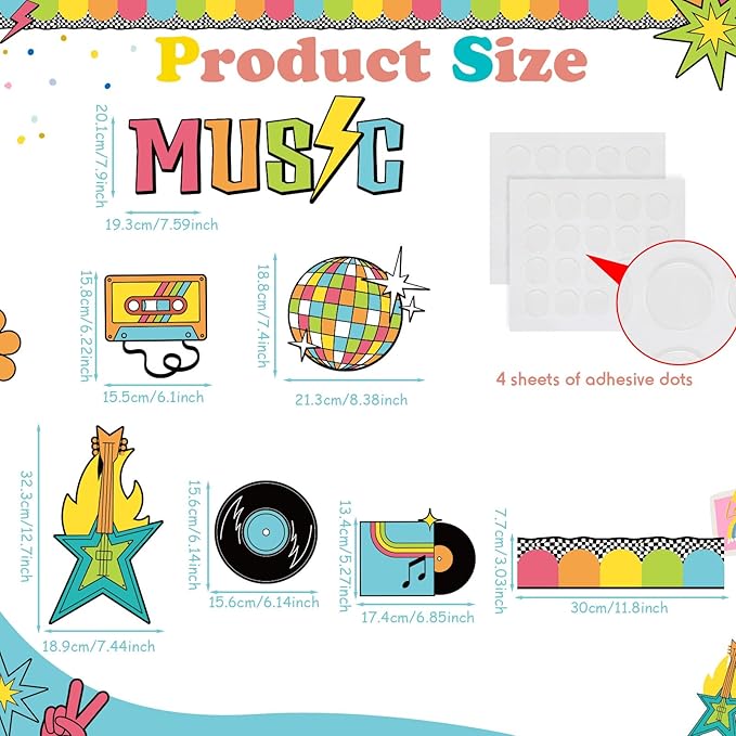 Pajean Music Bulletin Board Retro Groovy Record Classroom Decorations Music Note Flower The Final Countdown Cutouts for Back to School First Day Door Wall Window Chalkboard Supplies