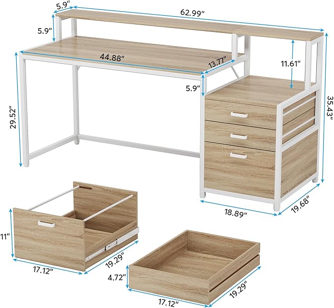 Tribesigns 63 Inch Computer Desk with File Drawer Cabinet, Ergonomic Office Desk with Monitor Stand, Industrial Computer Table with Printer Space, Wood PC Table Workstation Desk for Home Office