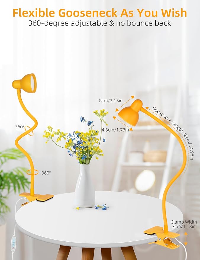 Clip on Reading Light for Bed 3 Color Modes, 10 Brightness Dimmable, Flexible Gooseneck Clip on Lamp, Eye Care Clip Light for Bed Headboard Desk Home Dorm, Yellow