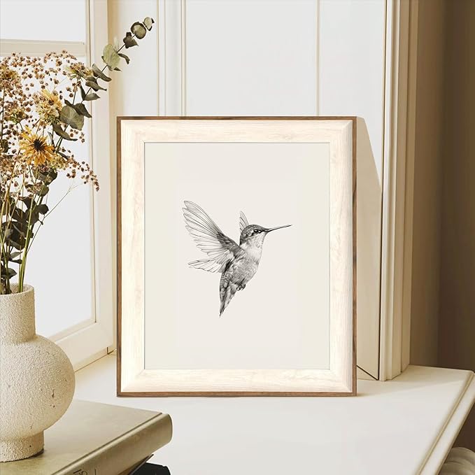 ASTRDECOR Hummingbird Wall Art Prints – Vintage Black and White Bird Sketch Painting Picture, Rustic Neutral Decor Canvas Wall Decor for Nursery, Bedroom, Living Room – Framed 10''x12''