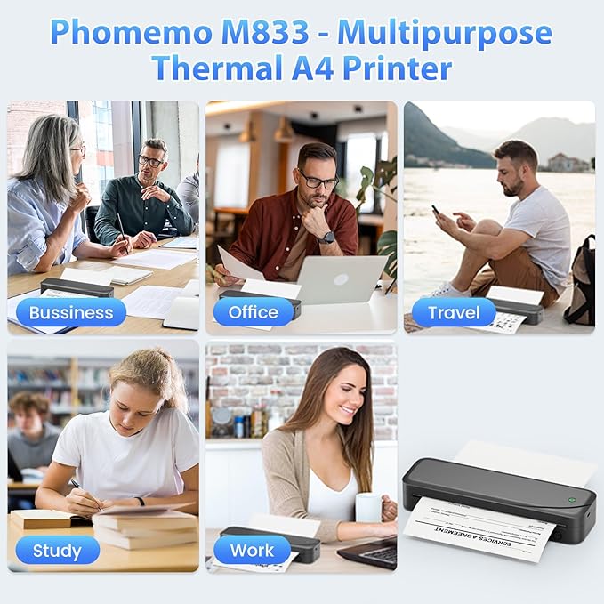 Phomemo Portable Printer, M833 Upgrade Portable Inkless Wireless Printers for Travel, Bluetooth Label Printer Support 8.5'' x 11'' US Letter & A4 Thermal Paper, Suitable for Home Office Business