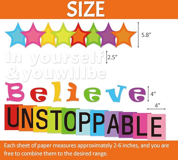 54 Pcs Believe in Yourself Bulletin Board Decorations Stylish Star Inspirational Quotes Bulletin Cutouts Wall Decals with Glue Point Dots for School Classroom Home Teacher Supplies
