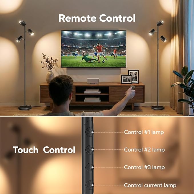 36W LED Tree Floor Lamp, Upgraded 3 Rotatable Lights Standing Lamp with Remote & Touch Control, Dimmable Tall Lamp Modern Floor Lamps for Living Room Bedroom Office