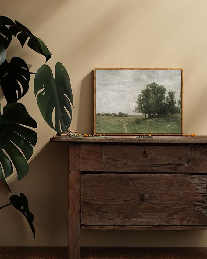 ARPEOTCY Vintage Framed Canvas Wall Art, The Path to the Village Country Scenery Retro Painting Decor Aesthetic Artwork, Country Landscape Wall Pictures for Living Room,12x16 Inch