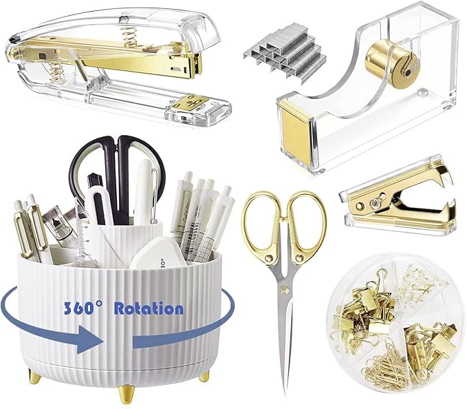 Desk Organizers and Accessories Set with 360-Degree Rotating Pen Holder, Acrylic Stapler, Tape Holder, Staple Remover, Binder/Paper Clips Kit, Scissor and 1 Box of Staples