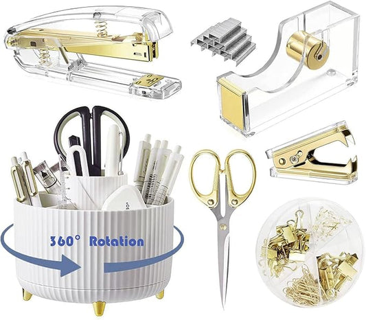 Desk Organizers and Accessories Set with 360-Degree Rotating Pen Holder, Acrylic Stapler, Tape Holder, Staple Remover, Binder/Paper Clips Kit, Scissor and 1 Box of Staples