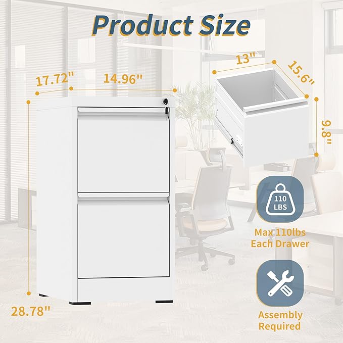 2 Drawer File Cabinet with Lock, Vertical Filing Cabinets for Home Office, Metal Storage Cabinets, Heavy Duty File Cabinet for Letter/Legal/A4/F4 Size Amsseble Required, White