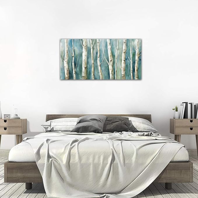 yearainn Birch Trees Canvas Wall Art - Abstract Birch Pictures for Wall Decor Modern Turquoise Canvas Painting Nature Printing Artwork for Living Room Bedroom Home Office Wall Decoration 29" x 58"