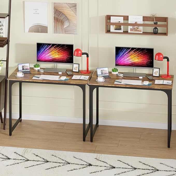 39 Inch Computer Desk Set of 2, Office Desk with Metal Frame, Home Office Desk, Modern Simple Style for Small Space Home Office, Living Room, Bedroom, Brown