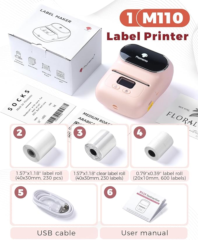 Phomemo M110 Label Maker- with 3 Packs Labels Bluetooth Portable Label Maker No Ink, Mini Barcode Label Printer for Retail, Address, Barcode, Home, for PC/Mac, iOS/Android, Baby Pink