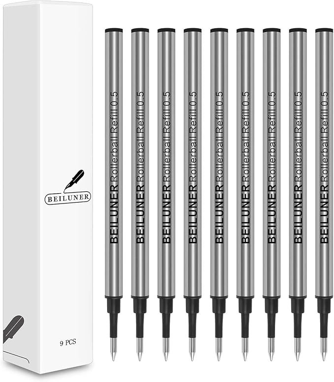 BEILUNER 0.5mm Replaceable Refills Compatible Luxury Wooden Ballpoint Pen Writing Set, Black Ink, direct insertion - 9 Pack