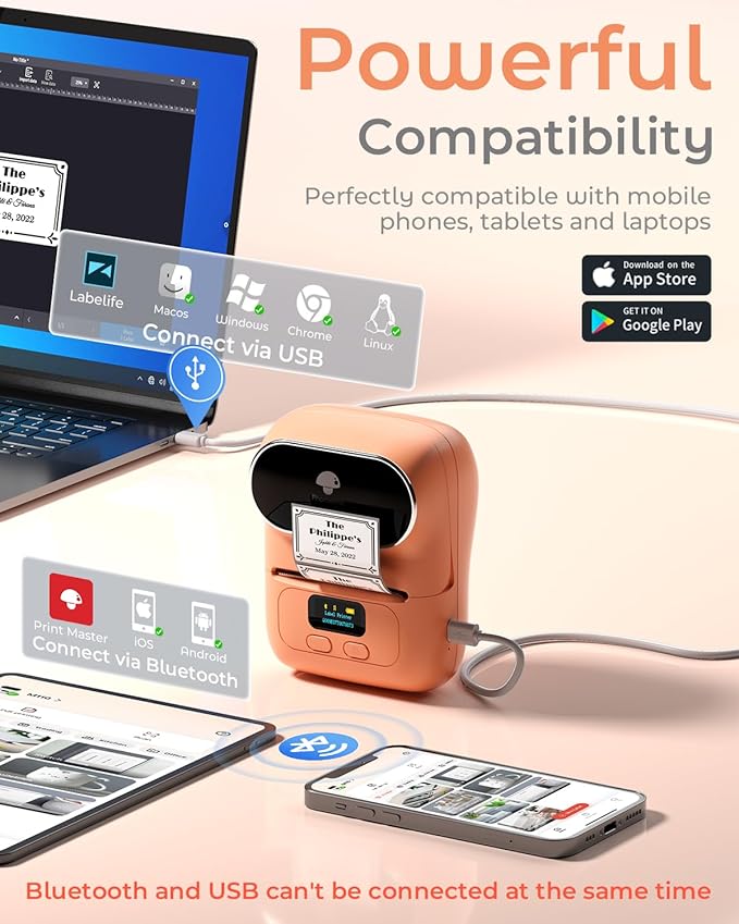 Phomemo M110 Label Maker- Mini Portable Bluetooth Thermal Label Printer for Clear Label, Barcode, Clothing, Office, Business, Compatible with Android & iOS, Orange
