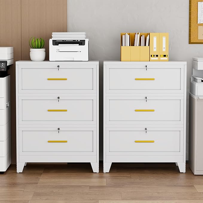 3 Drawer File Cabinet with Lock, Metal Lateral File Cabinets for Home Office, Steel Wide Filing Organization Storage Cabinets, Home Office Furniture for Hanging Files Letter/Legal/F4/A4 Size