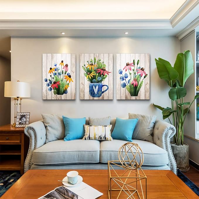 Lapremoly 3 Piece Large Framed Canvas print Artwork Wall Art for Kitchen Wall Decor for Living Room Bedroom Decorations Room Wall Decor Modern Office Home Decor Vintage Wood Grain Flowers Paintings