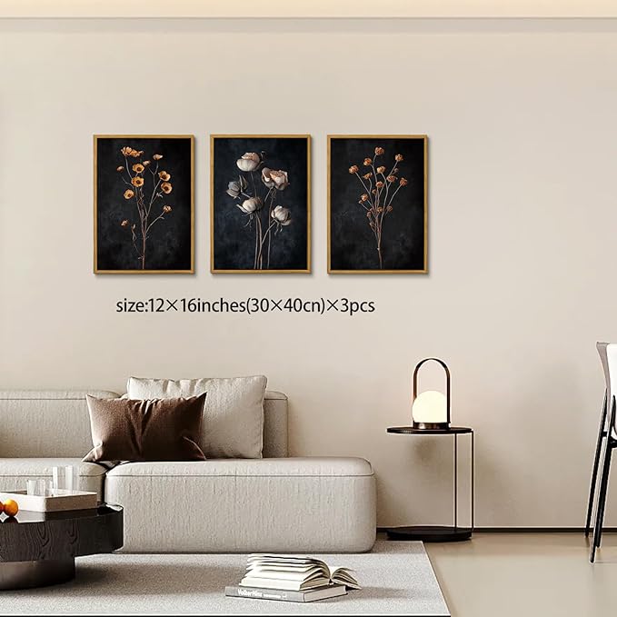 KISSFOX 3 Piece Moody Dried Flower Canvas Wall Art For Bedroom Dark Vintage Floral Framed Wall Art Rustic Aesthetic Botanical Art Prints for Living Room Bathroom,12x16 in