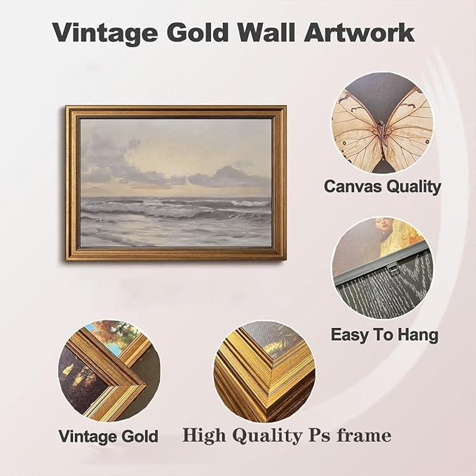 Gold Framed Wall Art Vintage Canvas Wall Art Aesthetic Coastal Landscape Sea Sky Artwork Prints Picture for Living Room Bedroom Farmhouse Bathroom Office Decor, 8x10