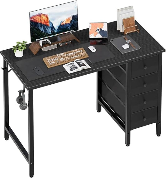 Lufeiya Small Gaming Desk with 4 Fabric Drawers, 47 Inch Kids Girls Teen Cute Study Desk for Bedroom, Reversible Work Computer Writing Table Desks for Small Space Home Office, Black