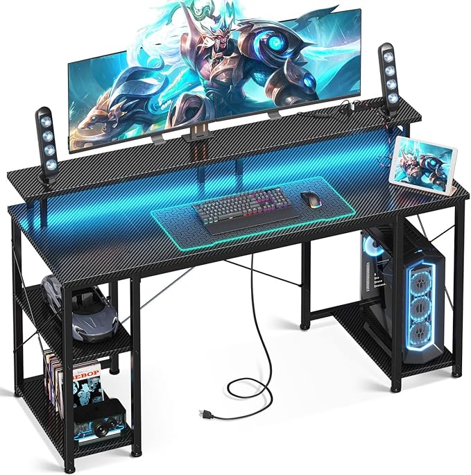 ODK 55 inch Computer Desk with Power Outlets & LED Lights, Gaming Desk with Monitor Stand & Storage Sheves, Home Office Desk, Carbon Fiber Black