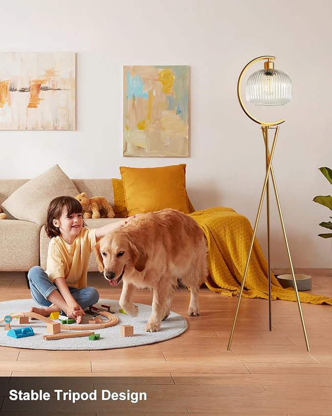 Lightdot Tripod Floor Lamp for Living Room, Gold Standing Lamp with Clear Glass Lampshade, Farmhouse Tall Lamp for Bedroom, Arced Reading Light for Home Office/Sofa Beside/Corner Decor(Bulb Included)