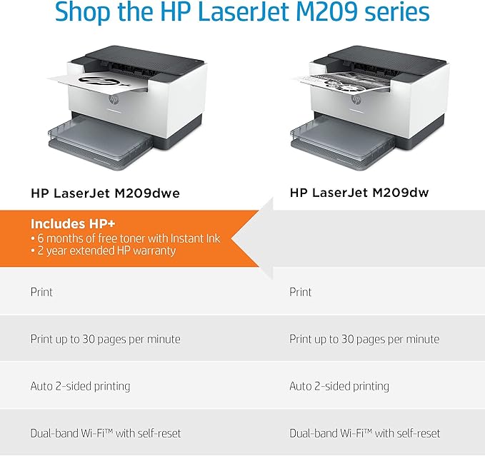 HP LaserJet M209dwe Wireless Monochrome Black & White Printer, Dual-Band WiFi, Bluetooth, Best for Small Business and Home Offices, Compatible with HP Smart App, 6 Months Free Toner with HP+ (Renewed)