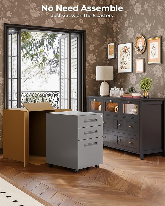 Dripex 3 Drawer File Cabinet, Mobile File Cabinet with Lock on Wheels, Letter/Legal Size, Fully Assembled, Modern Small Short Vertical Metal Rolling Filing Cabinets Under Desk for Home Office (Grey)