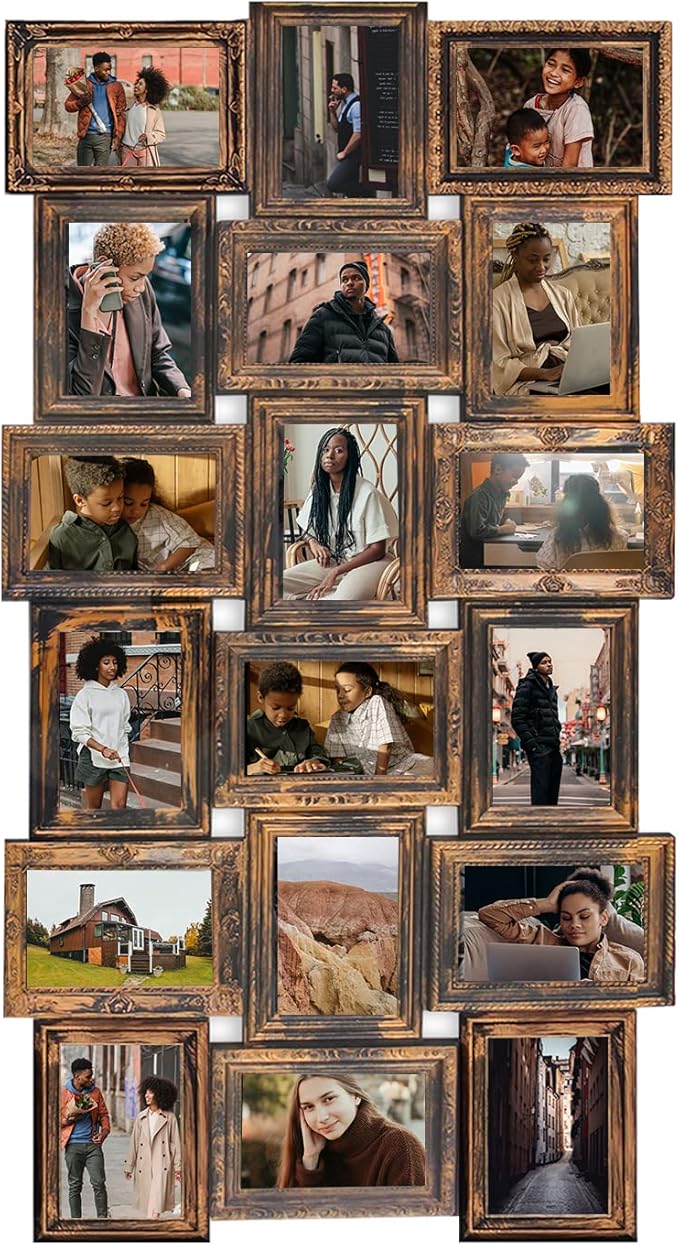 J.M.Deco Collage Picture Frames for Wall Decor, 18-Opening Reunion Family Friends Picture Frame Set, 4 x 6 Photo Frames for Living Room, Gallery Puzzle Collage Wall Hanging, Vintage Gold