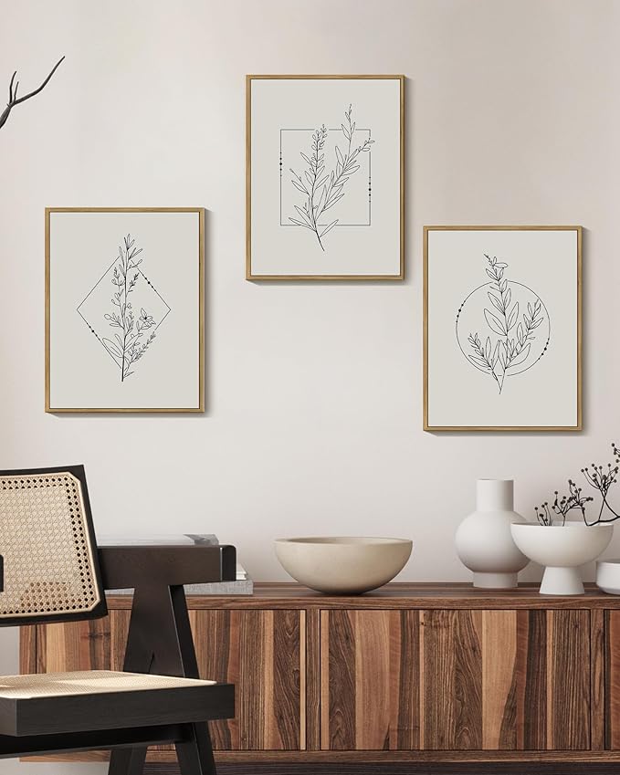 Drsoum Minimalist Flower Wall Art Vintage Wall Hanging Decor Black Line Botanical Prints Artwork for Office Dining Room Hallway 11x14in Natural Framed
